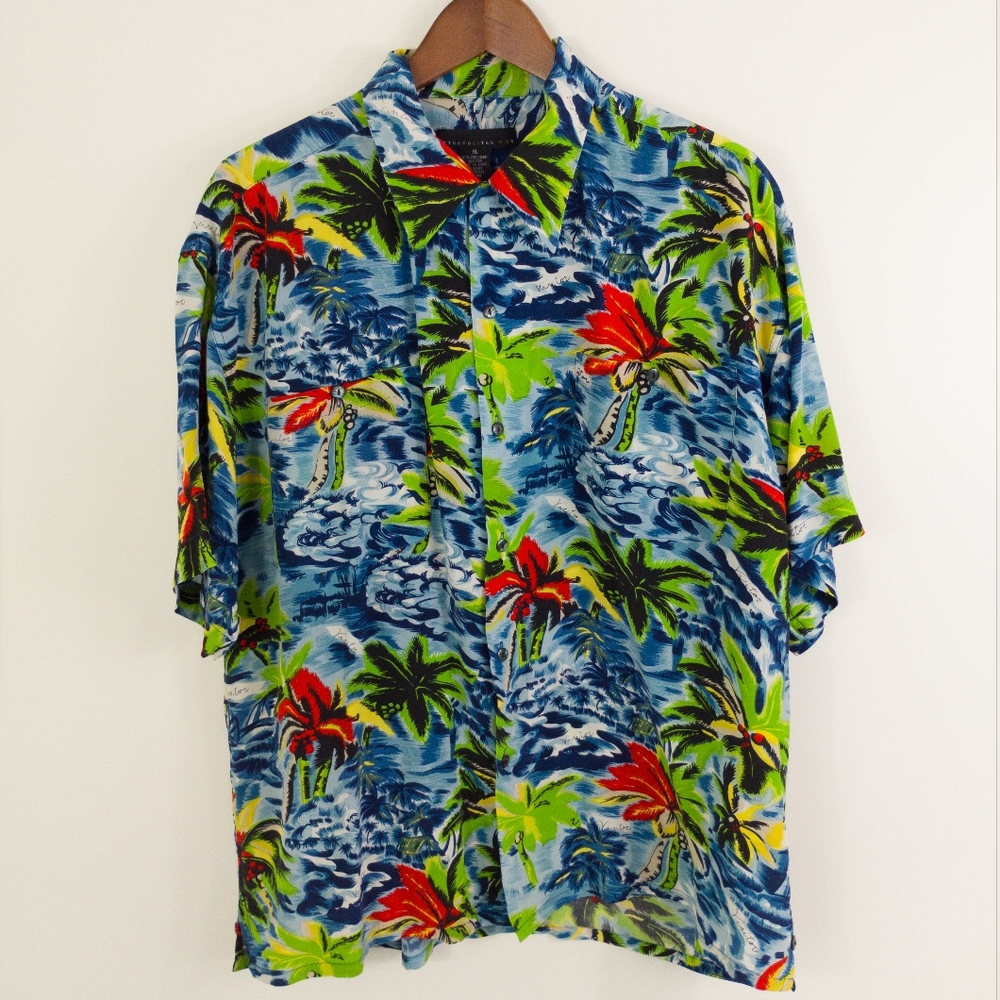 Metropolitan View Men XL Tropical Palm Tree Silk Short Sleeve Aloha Camp Shirt